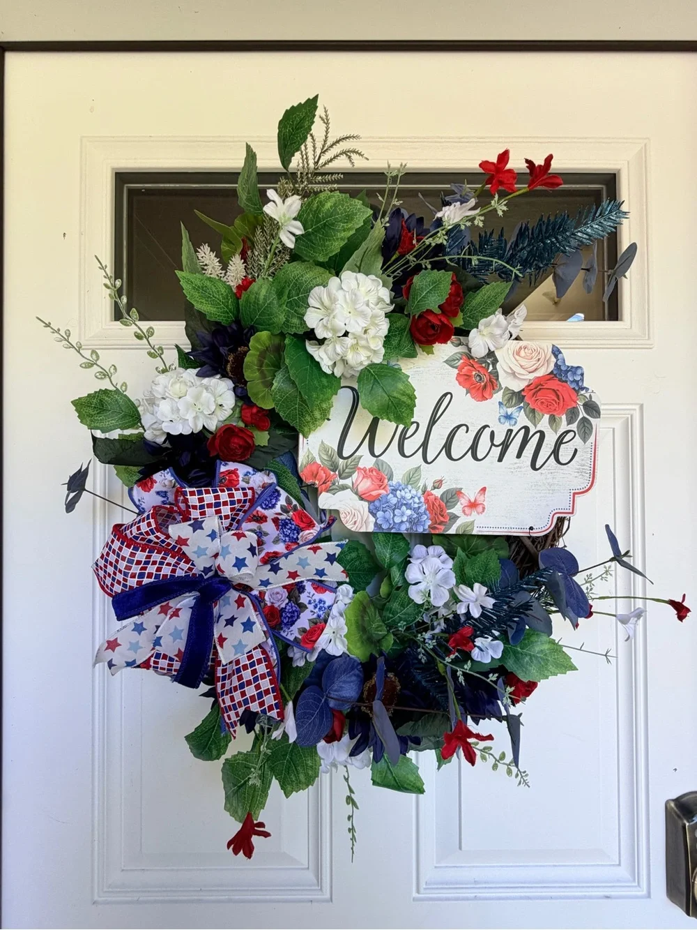 Patriotic Floral Welcome Wreath with Stars & Bows